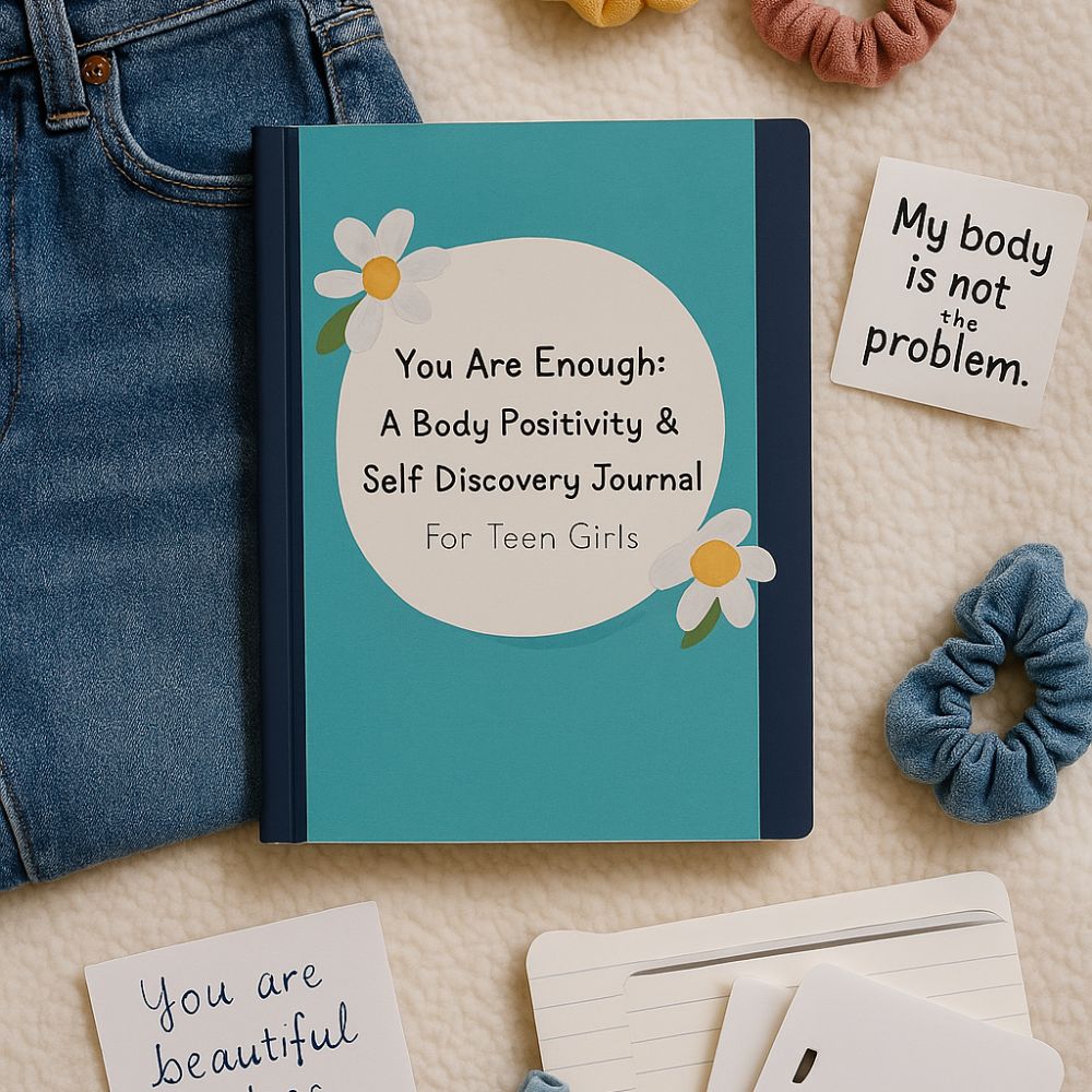 "You Are Enough body positivity journal for teen girls – laid flat with denim, affirmations, and hair scrunchies, promoting confidence and self-discovery."
