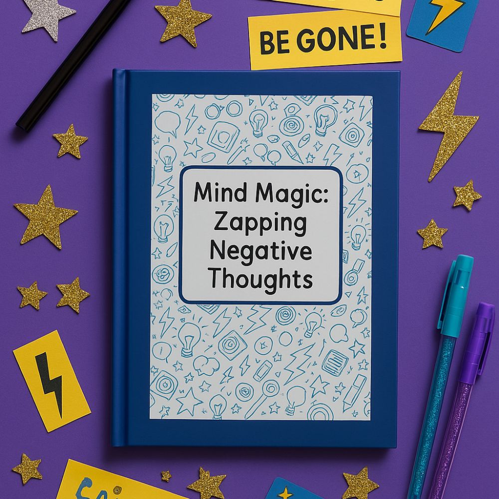 "Mind Magic: Zapping Negative Thoughts journal for kids ages 8–11 – a playful mental health tool with a magician theme.