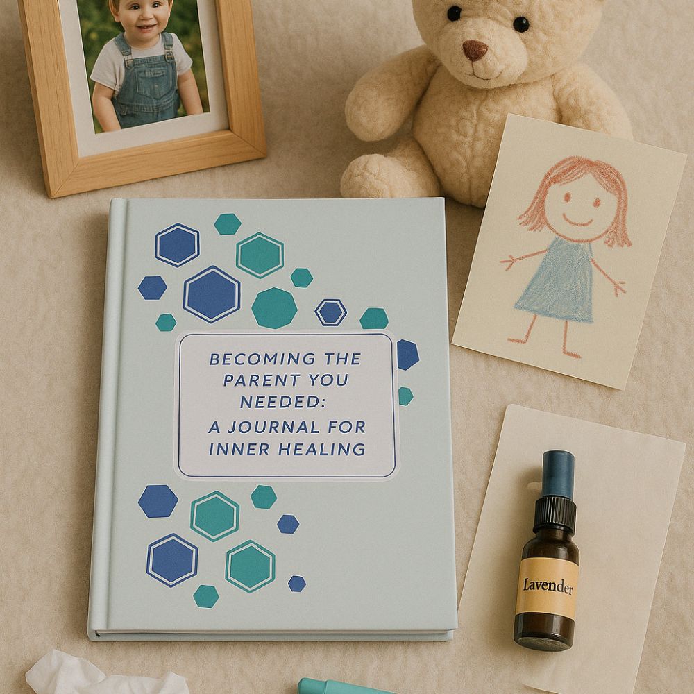 Becoming the Parent You Needed journal on a neutral-toned background – a self-healing and reparenting journal designed for conscious parents."