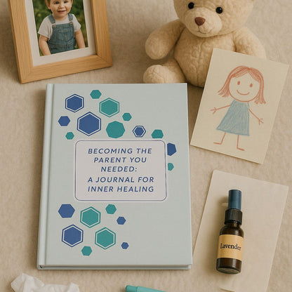 Becoming the Parent You Needed journal on a neutral-toned background – a self-healing and reparenting journal designed for conscious parents."