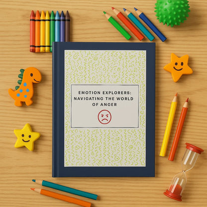 "Emotion Explorers: Navigating the World of Anger journal for kids ages 8–11 – a colorful, psychologist-designed emotional regulation tool placed on a textured surface."