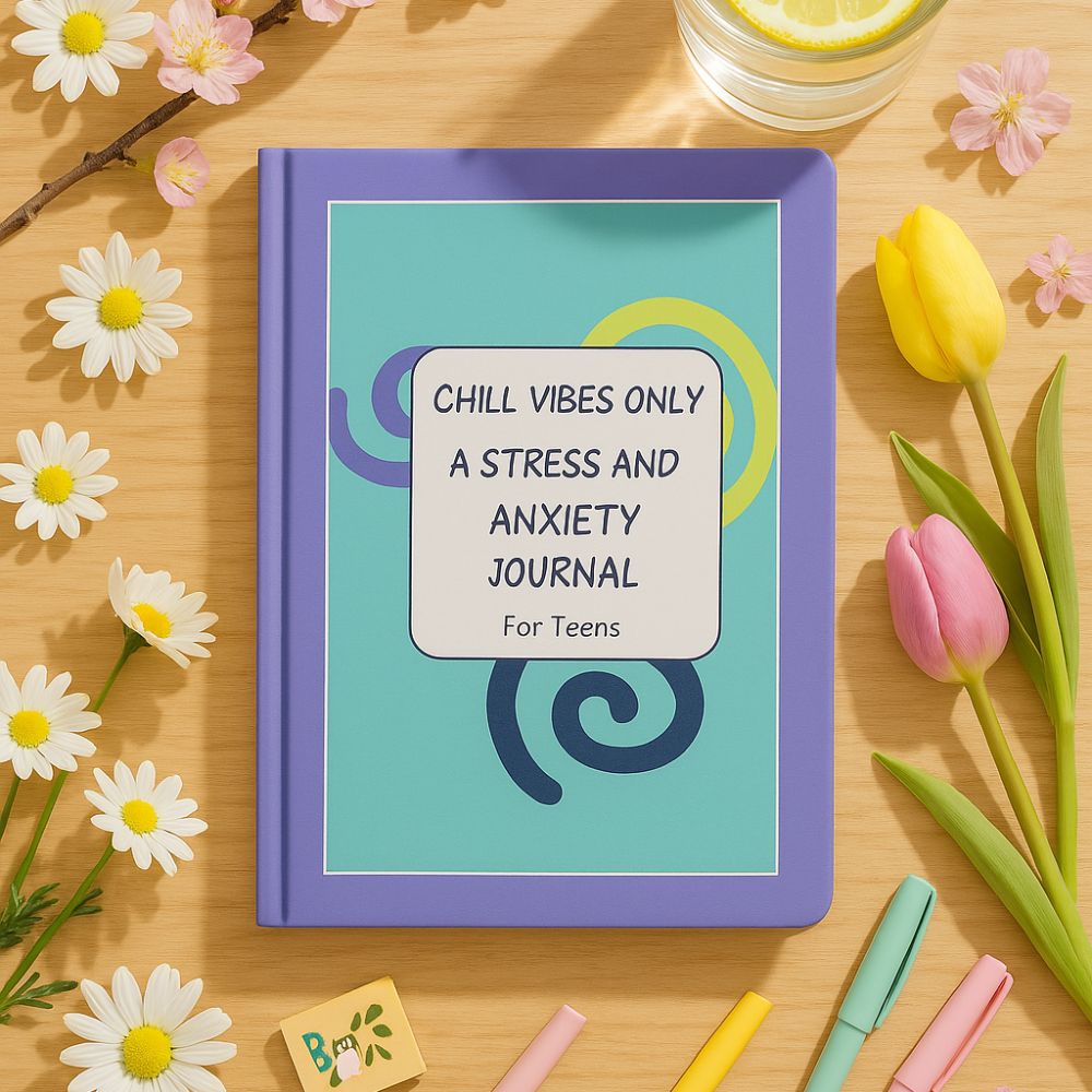 Chill Vibes Only journal cover – a colorful teen stress and anxiety journal designed by a psychologist, placed on a flower background.